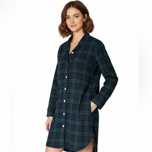J. Crew Navy & Green Plaid 100% Cotton Flannel Button Down NightShirt/PJs, Small